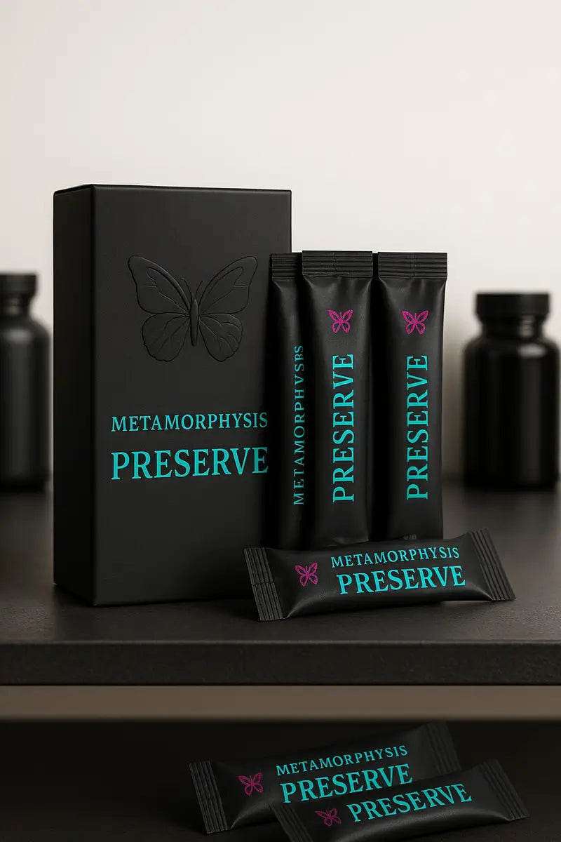 MetaMorphysis PRESERVE supplement sachets from the Storm Range – formulated for cellular longevity, resilience, and everyday vitality support.