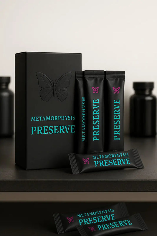 MetaMorphysis PRESERVE supplement sachets from the Storm Range – formulated for cellular longevity, resilience, and everyday vitality support.
